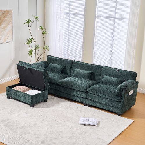 Canapé 2 Places En Chenille Émeraude Avec Port USB Et Pouf Coffre Modulable
