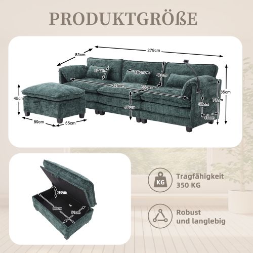 Canapé 2 Places En Chenille Émeraude Avec Port USB Et Pouf Coffre Modulable