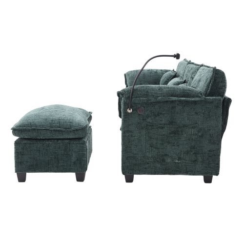 Canapé 2 Places En Chenille Émeraude Avec Port USB Et Pouf Coffre Modulable