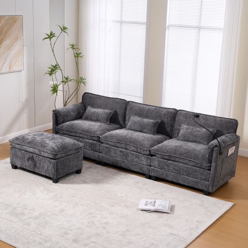 Canapé Modulable 2 Places En Chenille Gris Avec Pouf Modulable Et Port USB