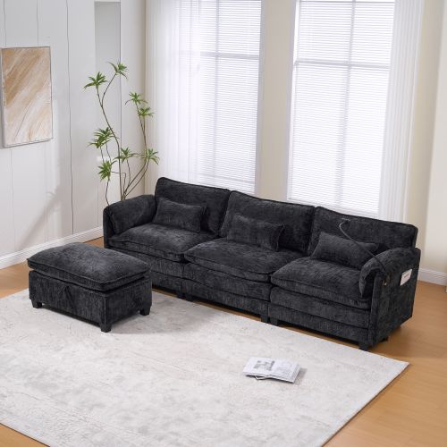 Canapé Modulable 2 Places En Chenille Avec Mousse à Mémoire De Forme, Port USB Et Pouf De Rangement