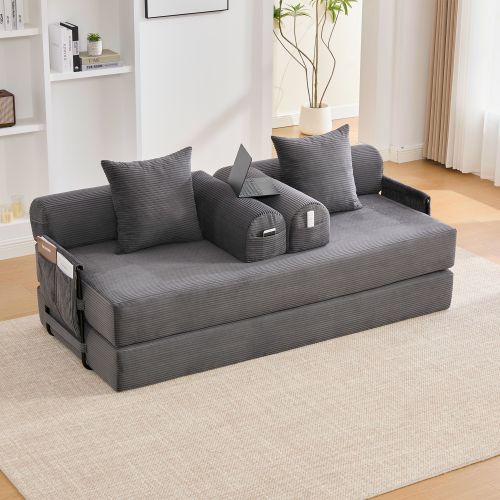 Canapé Convertible Modulable 3 Places Velours Côtelé Gris Foncé Avec Poche Latérale