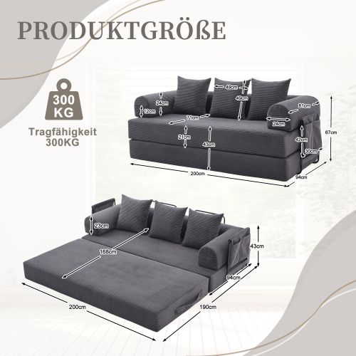 Canapé Convertible Modulable 3 Places Velours Côtelé Gris Foncé Avec Poche Latérale