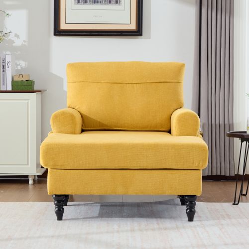 Fauteuil Chenille Large Jaune Moutarde Avec Poches Latérales Et Pieds En Bois Massif