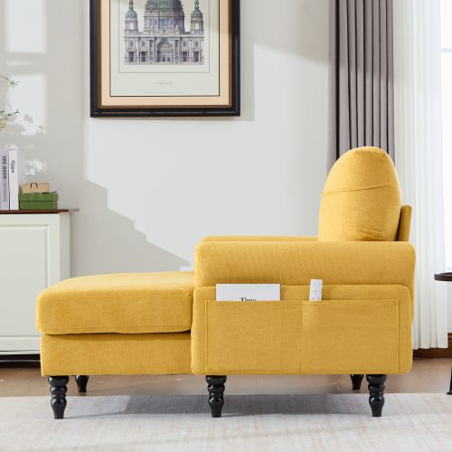 Fauteuil Chenille Large Jaune Moutarde Avec Poches Latérales Et Pieds En Bois Massif