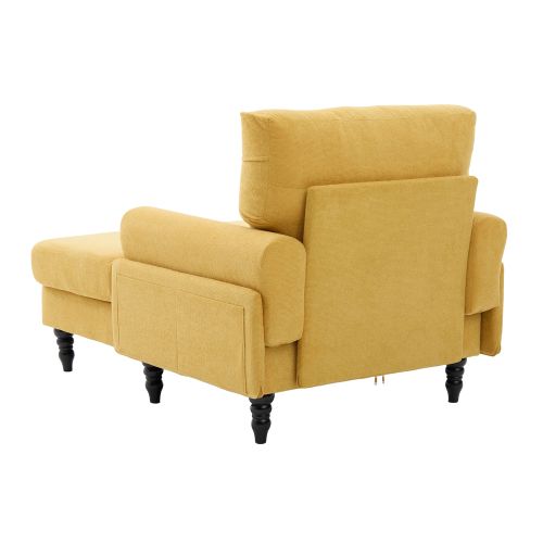 Fauteuil Chenille Large Jaune Moutarde Avec Poches Latérales Et Pieds En Bois Massif
