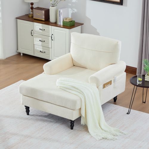 Fauteuil Large En Chenille Beige Avec Accoudoirs Et Poches Latérales