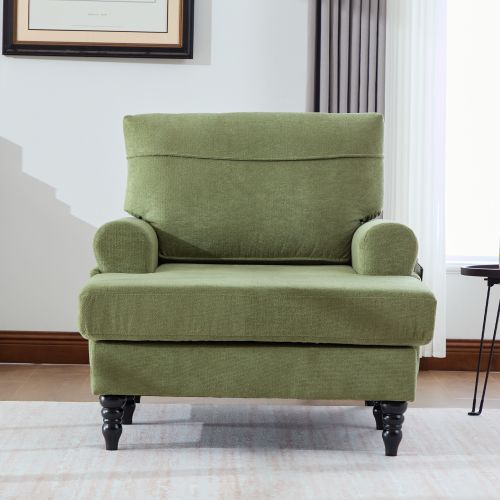 Fauteuil Large En Chenille Vert Olive Avec Accoudoirs Et Poches Latérales