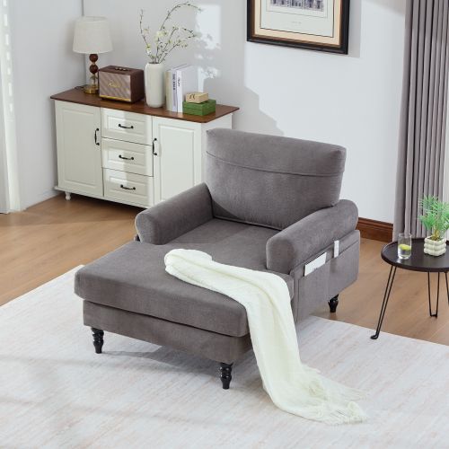 Fauteuil Large En Chenille Gris Foncé Avec Poche Latérale Et Pieds Bois Massif