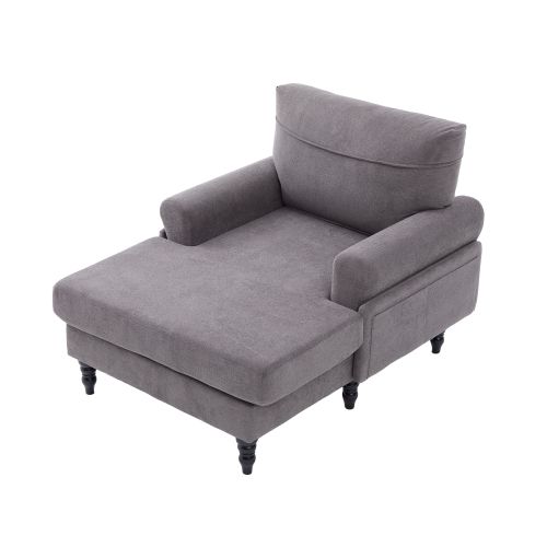 Fauteuil Large En Chenille Gris Foncé Avec Poche Latérale Et Pieds Bois Massif