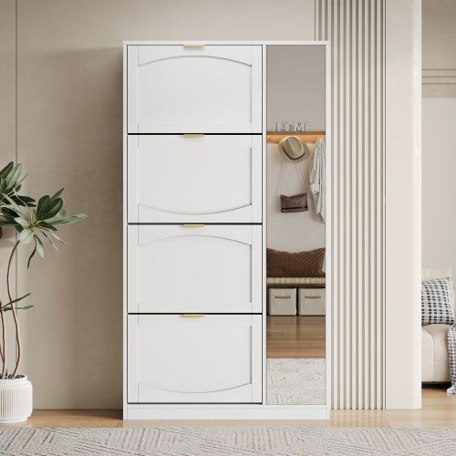 Meuble à Chaussures Blanc Avec Portes Miroir, 4 Compartiments Basculants, Étagères Réglables