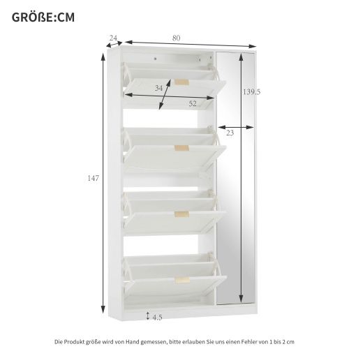 Meuble à Chaussures Blanc Avec Portes Miroir, 4 Compartiments Basculants, Étagères Réglables