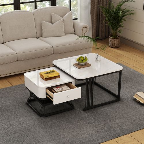 Lot De 2 Tables Basses Carrées Blanc Et Noir, Plateau Aspect Marbre, 1 Tiroir, Haut Brillant