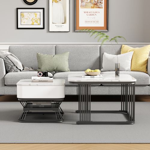 Lot De 2 Tables Basses Carrées Blanc Et Noir, Plateau Aspect Marbre, 1 Tiroir, Haut Brillant