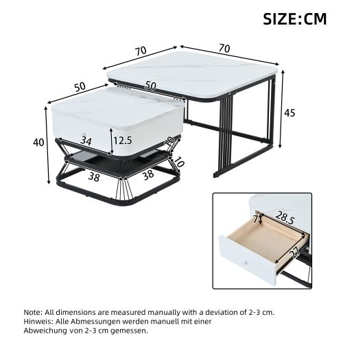 Lot De 2 Tables Basses Carrées Blanc Et Noir, Plateau Aspect Marbre, 1 Tiroir, Haut Brillant