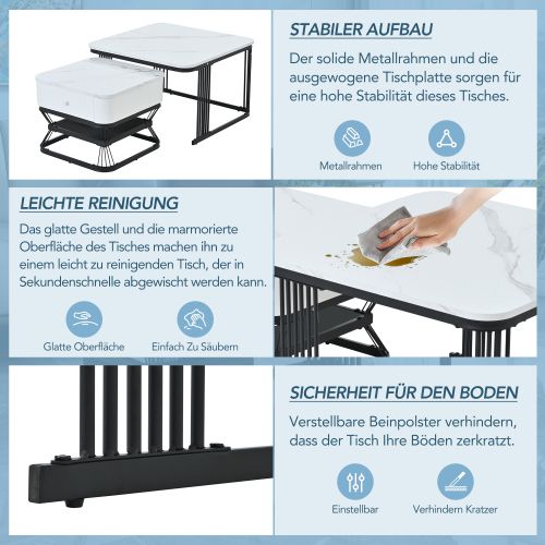 Lot De 2 Tables Basses Carrées Blanc Et Noir, Plateau Aspect Marbre, 1 Tiroir, Haut Brillant