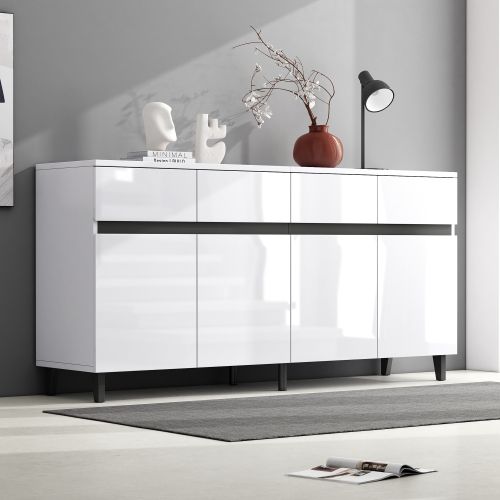 Buffet De Salon Blanc 160x40x68 Cm, 4 Tiroirs Et 2 Portes