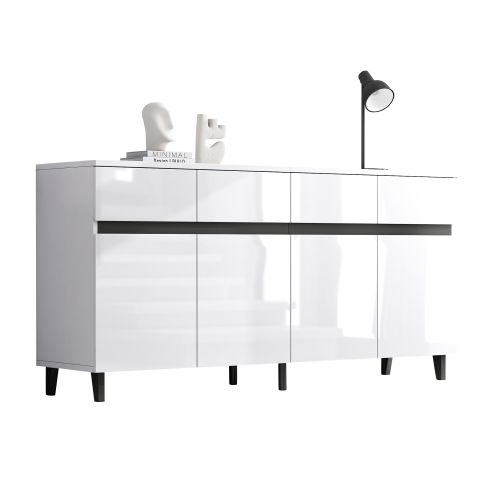 Buffet De Salon Blanc 160x40x68 Cm, 4 Tiroirs Et 2 Portes