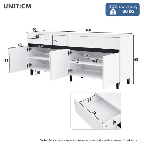 Buffet De Salon Blanc 160x40x68 Cm, 4 Tiroirs Et 2 Portes