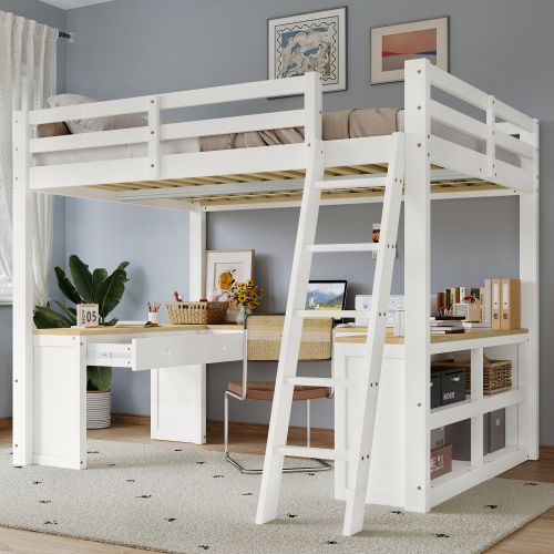 Lit Mezzanine 140x200 Cm, Bureau En U Et Rangements, En Bois, Blanc Et Naturel