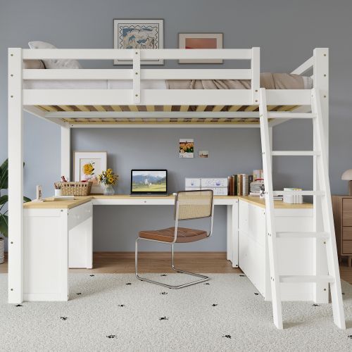 Lit Mezzanine 140x200 Cm, Bureau En U Et Rangements, En Bois, Blanc Et Naturel