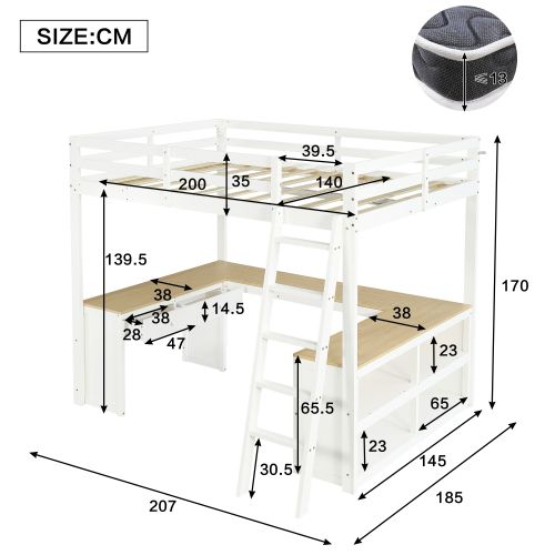 Lit Mezzanine 140x200 Cm, Bureau En U Et Rangements, En Bois, Blanc Et Naturel