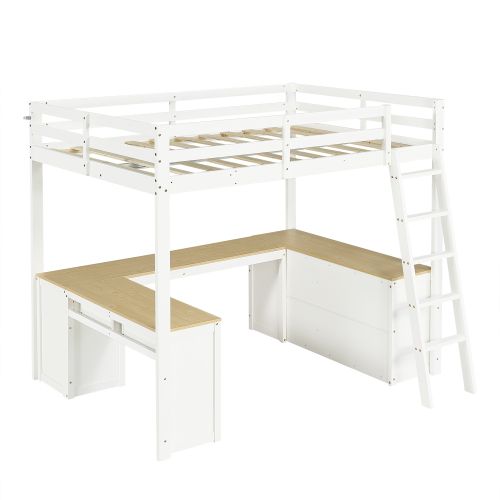 Lit Mezzanine 140x200 Cm, Bureau En U Et Rangements, En Bois, Blanc Et Naturel