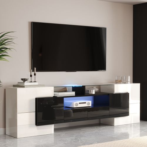 Meuble TV 200 Cm, Brillante, Avec 4 Portes, 2 Tiroirs, 3 Niches Ouvertes, Avec LED, Blanc Et Noir