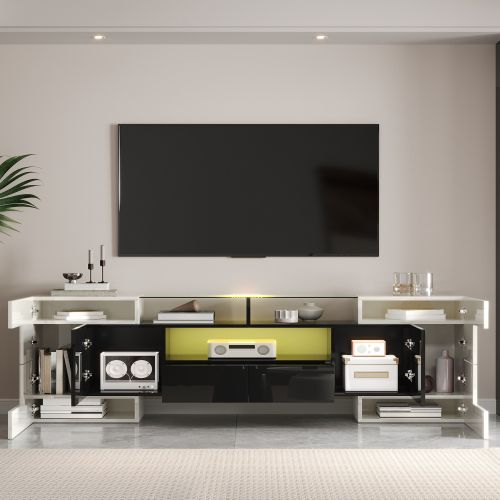 Meuble TV 200 Cm, Brillante, Avec 4 Portes, 2 Tiroirs, 3 Niches Ouvertes, Avec LED, Blanc Et Noir