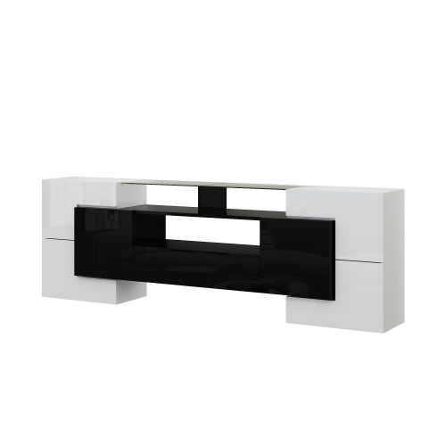 Meuble TV 200 Cm, Brillante, Avec 4 Portes, 2 Tiroirs, 3 Niches Ouvertes, Avec LED, Blanc Et Noir