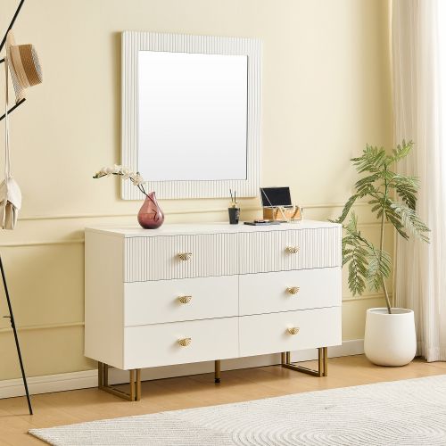 Commode à 6 Tiroirs Blanc 120x40x75 Cm Avec Miroir 80x80 Cm, Accents Dorés