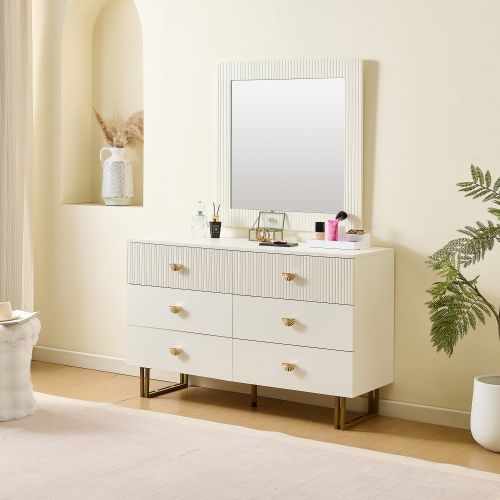 Commode à 6 Tiroirs Blanc 120x40x75 Cm Avec Miroir 80x80 Cm, Accents Dorés