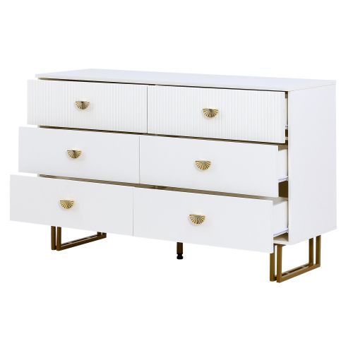 Commode à 6 Tiroirs Blanc 120x40x75 Cm Avec Miroir 80x80 Cm, Accents Dorés