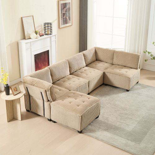 Canapé Convertible Modulable 6 Places En Velours Côtelé Kaki En U Ou L