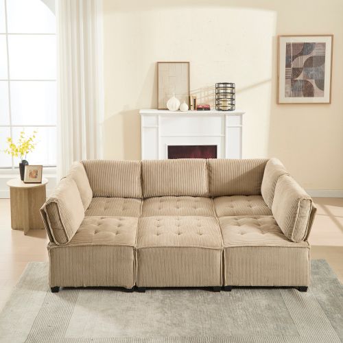 Canapé Convertible Modulable 6 Places En Velours Côtelé Kaki En U Ou L