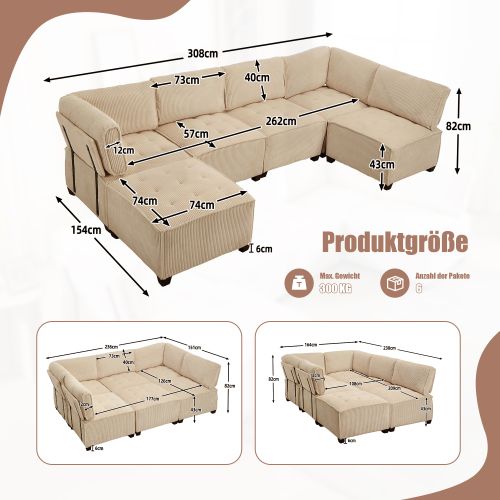 Canapé Convertible Modulable 6 Places En Velours Côtelé Kaki En U Ou L