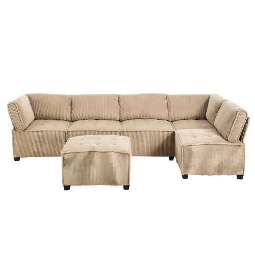 Canapé Convertible Modulable 6 Places En Velours Côtelé Kaki En U Ou L