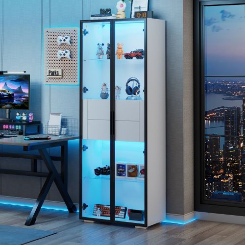 Vitrine Blanche 60x40x160 Cm, Avec LED, Portes Verre Trempé, 2 Tiroirs