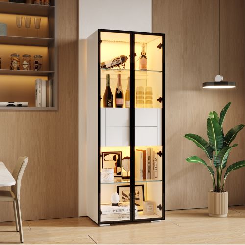 Vitrine Blanche 60x40x160 Cm, Avec LED, Portes Verre Trempé, 2 Tiroirs