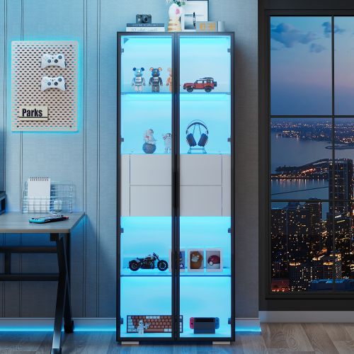 Vitrine Blanche 60x40x160 Cm, Avec LED, Portes Verre Trempé, 2 Tiroirs