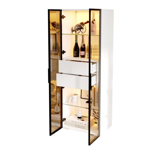 Vitrine Blanche 60x40x160 Cm, Avec LED, Portes Verre Trempé, 2 Tiroirs