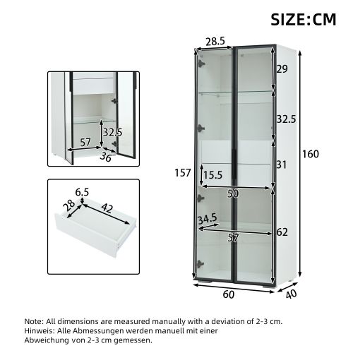 Vitrine Blanche 60x40x160 Cm, Avec LED, Portes Verre Trempé, 2 Tiroirs