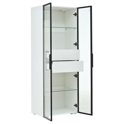 Vitrine Blanche 60x40x160 Cm, Avec LED, Portes Verre Trempé, 2 Tiroirs