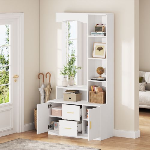 Vestiaire D’entrée Avec Miroir, 2 Tiroirs, 2 Armoires, Étagères Et Rangement à Chaussures, Blanc