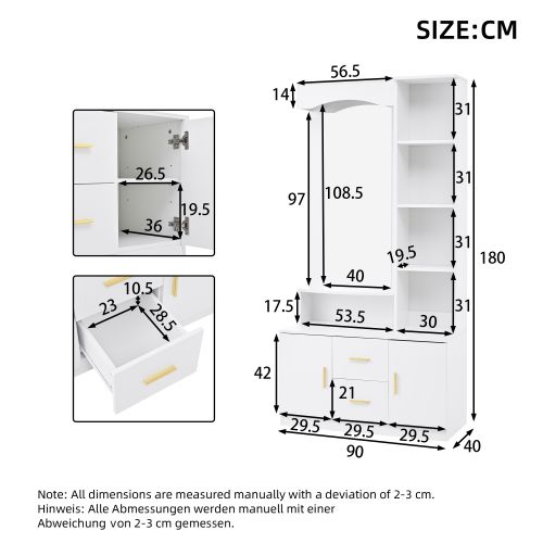 Vestiaire D’entrée Avec Miroir, 2 Tiroirs, 2 Armoires, Étagères Et Rangement à Chaussures, Blanc