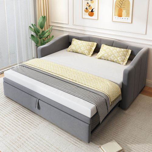 Lit Gigogne 90/180x200 Cm, Avec Lattes, En Velours, Gris