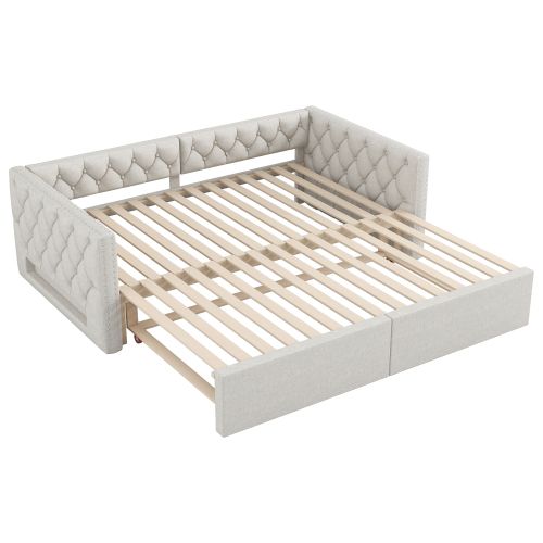 Lit Gigogne 90/180x200 Cm Avec LED Et Rangement, En Lin, Beige