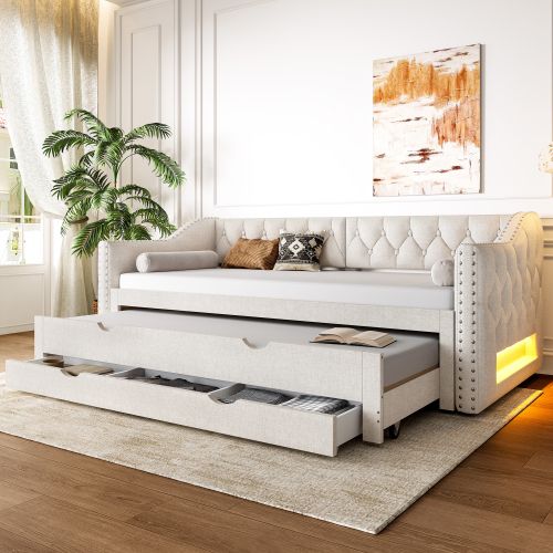 Lit Gigogne 90x200 Cm Avec 3 Tiroirs, LED Et Lattes, En Lin, Beige