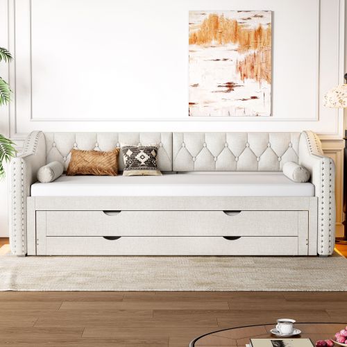 Lit Gigogne 90x200 Cm Avec 3 Tiroirs, LED Et Lattes, En Lin, Beige