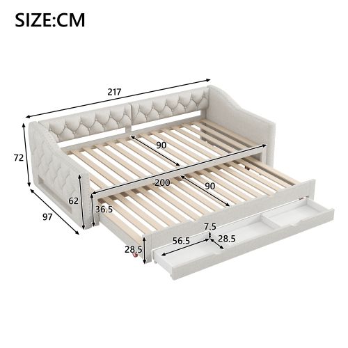 Lit Gigogne 90x200 Cm Avec 3 Tiroirs, LED Et Lattes, En Lin, Beige